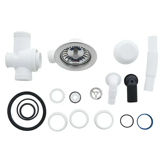 Respekta Einbauspüle Ohio - 66 x 50 cm, Betongrau - Produktabbildung eines Siphon-Sets, bestehend aus weißen Kunststoffrohren, einem Chrom-Ablauf und diversen Dichtungen.
