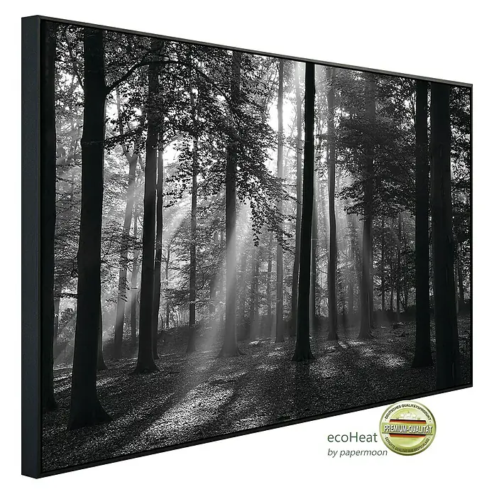 Papermoon Infrarot-Bildheizkörper Forest Morgen in schwarz+weiss - 100 cm x 600 mm, 800 W - Schwarze Wald-Leinwandbild mit Sonnenstrahlen, gerahmt. Hochwertiges Deko-Element für Wohnräume mit stimmungsvollem Naturmotiv.