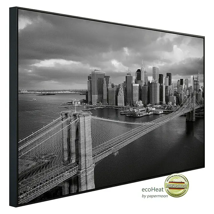 Papermoon Infrarot-Bildheizkörper Brooklyn Bridge schwarz / weiss - 90 cm x 500 mm, 450 W - Schwarze und weiße Leinwand des Brooklyn Bridge-Gemäldes in New York mit Skyline.