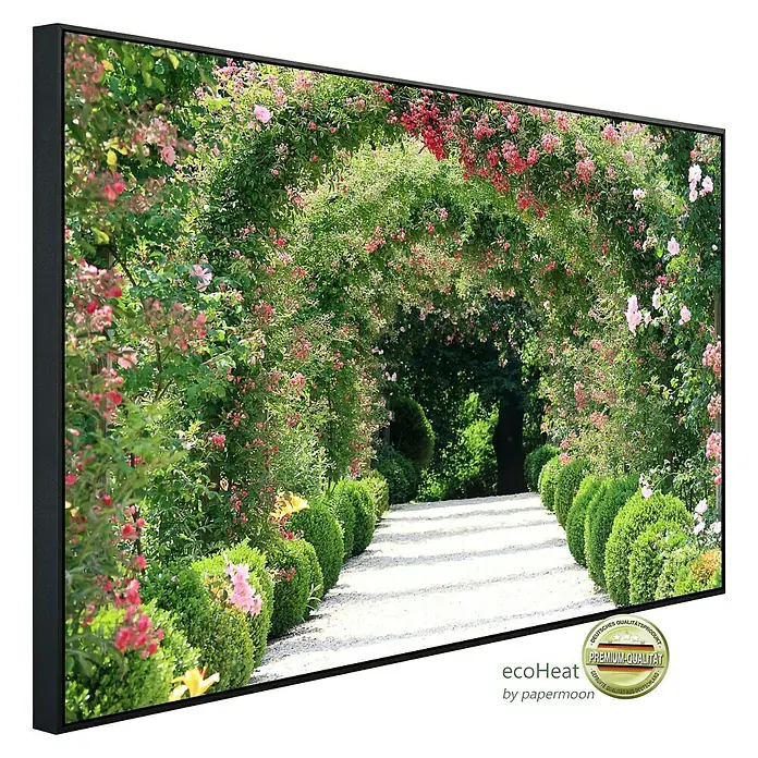 Papermoon Infrarot-Bildheizkörper Rosenbogengarten120 x 75 cm, 900 W - Ein gerahmtes Leinwandbild, das einen Gartenweg mit Rosenbogen zeigt. Die Premium-Qualität des Produkts ist hervorstechend.