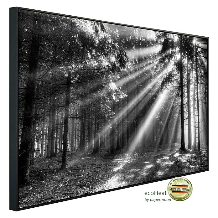 Papermoon Infrarot-Bildheizkörper Waldlichtung - 60 cm x 500 mm, 350 W - Schwarze gerahmte Leinwand mit Waldmotiv und strahlendem Licht für ein stimmungsvolles Ambiente.