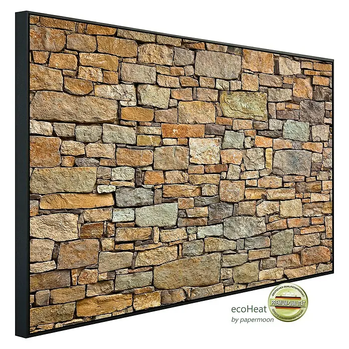 Papermoon Infrarot-Bildheizkörper Steinwand100 x 60 cm, 600 W - EcoHeat Infrarotheizung mit Steinwand-Design, ein Premium-Qualitätsprodukt für behagliche Wärme in jedem Raum.
