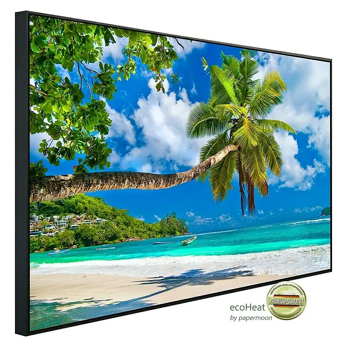 Papermoon Infrarot-Bildheizkörper Seychellen Palm Beach - 100 cm x 600 mm, 600 W - Leinwanddruck mit tropischer Szene, perfekte Wanddekoration für Ihr Zuhause.