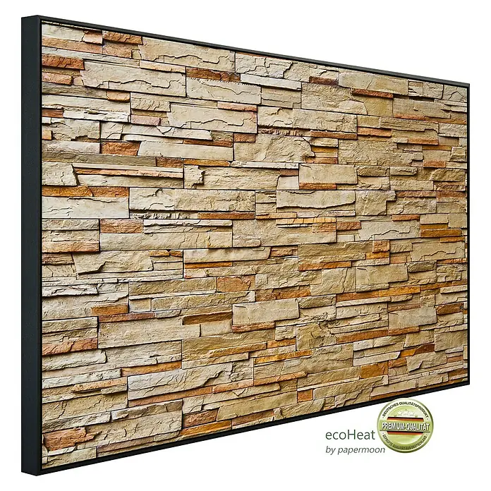 Papermoon Infrarot-Bildheizkörper Steinwand 2 - 90 cm x 500 mm, 450 W - Wandpaneel in Steinoptik mit schwarzem Rahmen, ein dekoratives Element für Innenräume, das Wärme und Stil vereint.