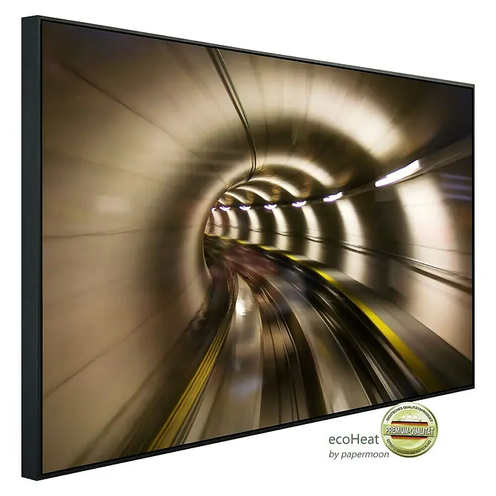 Papermoon Infrarot-Bildheizkörper Unterirdischer Tunnel - 100 cm x 600 mm, 600 W - Das gerahmte Bild zeigt einen Tunnel mit schnellen Bewegungen und Lichtreflexionen, ein modernes Kunstwerk für jeden Raum.