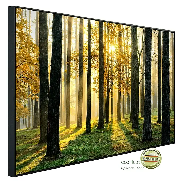 Papermoon Infrarot-Bildheizkörper Sonniger Wald - 120 cm x 600 mm, 1.000 W - Wandbild mit Waldmotiv im Sonnenlicht. Das Bild ist in einem schwarzen Rahmen eingefasst und zeigt hohe Bäume im Wald.