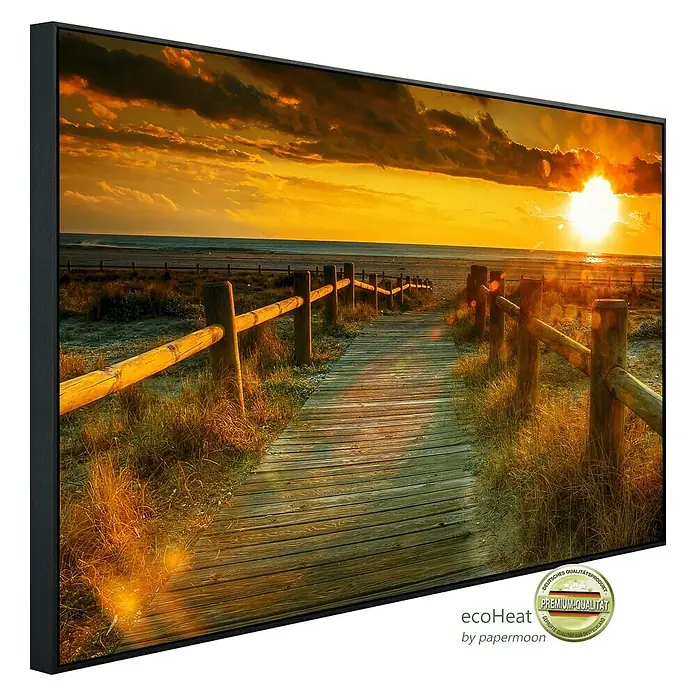 Papermoon Infrarot-Bildheizkörper Sonnenuntergang am Strand - 120 cm x 600 mm, 1.200 W - Das EcoHeat Infrarot-Heizpaneel mit einem Sonnenuntergangsbild. Premium-Qualität für angenehme Wärme und stilvolles Design.