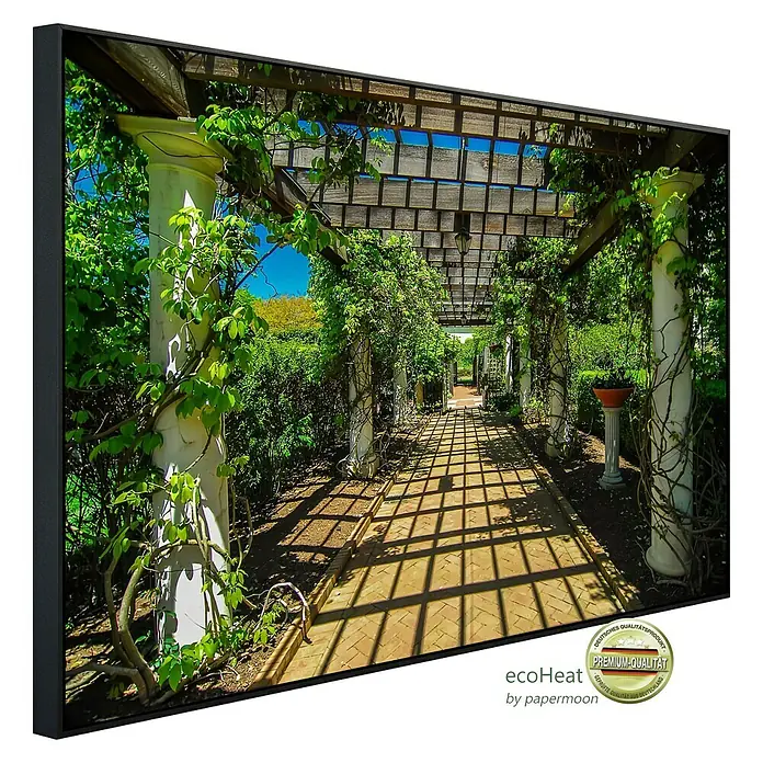 Papermoon Infrarot-Bildheizkörper Garten Gehweg - 60 cm x 500 mm, 350 W - Ein gerahmtes Premium-Qualitätsprodukt, das einen malerischen Laubengang mit üppigem Grün zeigt. Perfekt, um jedem Raum Eleganz zu verleihen.