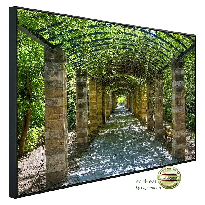 Papermoon Infrarot-Bildheizkörper Garten von Athen - 60 cm x 500 mm, 350 W - Wandbild mit einem Tunnel aus Pflanzen und Steinsäulen, das eine ruhige und natürliche Atmosphäre ausstrahlt.
