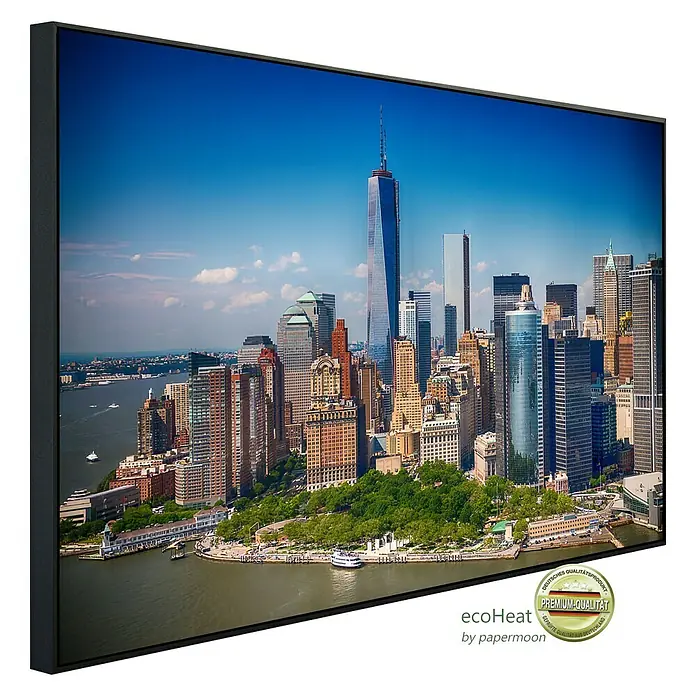 Papermoon Infrarot-Bildheizkörper Lower Manhattan Skyline - 120 cm x 600 mm, 1.000 W - Wandbild "New York Skyline" mit hochwertigem Druck und stabilem Rahmen. Ideal für moderne Wohnräume und Büros, bringt urbanen Flair in jeden Raum.