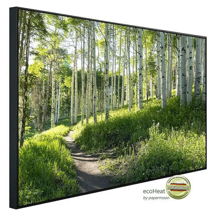 Papermoon Infrarot-Bildheizkörper Birkenwanderweg - 60 cm x 500 mm, 350 W - Das gerahmte Premium-Qualitätsbild zeigt einen Waldweg mit hohen Bäumen und üppigem Grün, ideal für eine natürliche Wanddekoration.