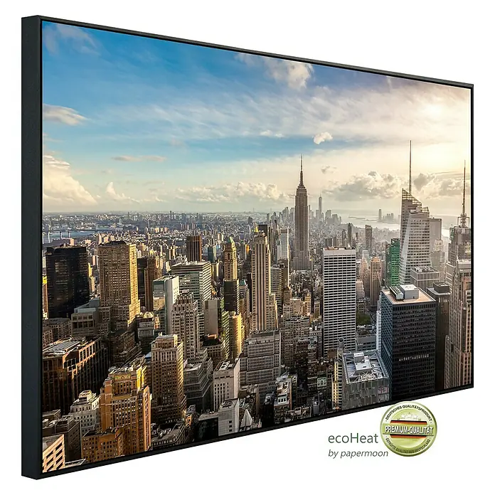 Papermoon Infrarot-Bildheizkörper Skyline von New York City - 100 cm x 600 mm, 600 W - Das EcoHeat-Wandbild zeigt ein beeindruckendes Stadtpanorama von New York, gerahmt in elegantem Schwarz, das jeden Raum stilvoll aufwertet.