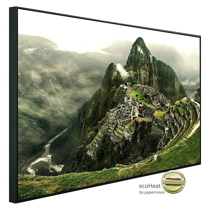Papermoon Infrarot-Bildheizkörper Machu Picchu - 100 cm x 600 mm, 800 W - Das gerahmte Wandbild zeigt Machu Picchu, ein beeindruckendes Zeugnis vergangener Zivilisationen, in einem eleganten schwarzen Rahmen.