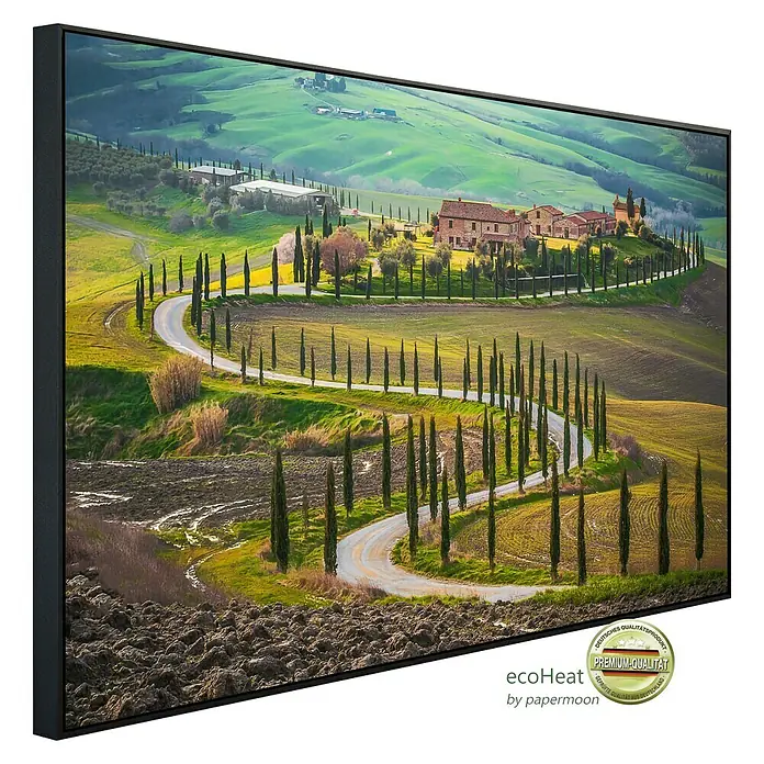Papermoon Infrarot-Bildheizkörper Felder in der Toskana - 120 cm x 600 mm, 1.200 W - Hochwertiges Wandbild mit einer toskanischen Landschaft, eingerahmt in einem eleganten schwarzen Rahmen. Ideal für stilvolle Raumgestaltung.