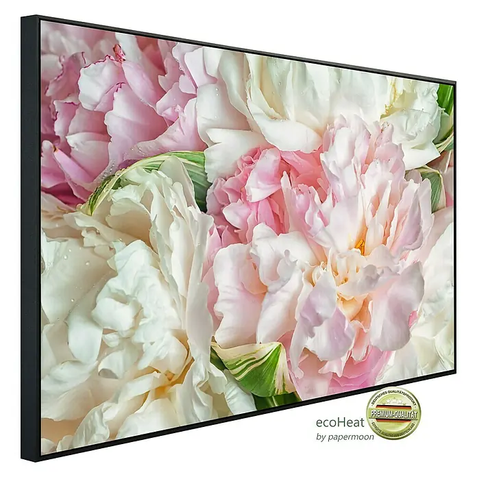 Papermoon Infrarot-Bildheizkörper Blühende Pfingstrosen - 120 cm x 600 mm, 1.000 W - Ein gerahmtes Wandbild mit einem Blumenmotiv in Weiß und Rosa, das eine elegante und frische Note in jeden Raum bringt.