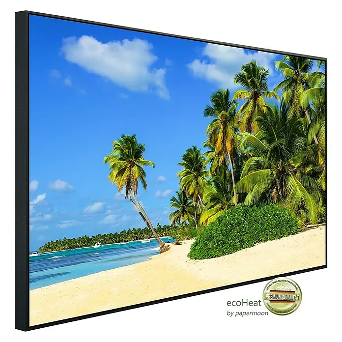 Papermoon Infrarot-Bildheizkörper Exotischer Palm Beach - 120 cm x 600 mm, 1.200 W - Dieses Bild zeigt eine Infrarotheizung mit einem schönen Motiv eines tropischen Strandes, der eine entspannende und warme Atmosphäre schafft.