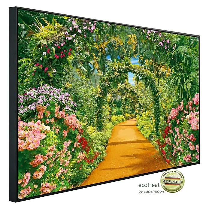 Papermoon Infrarot-Bildheizkörper Blumengasse - 120 cm x 600 mm, 1.200 W - Das gerahmte Wandbild zeigt einen idyllischen Gartenweg mit üppiger Blumenpracht und verleiht jedem Raum eine natürliche Eleganz.