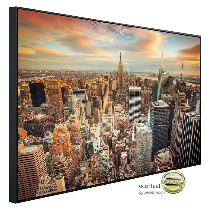 Papermoon Infrarot-Bildheizkörper Manhattan Midtown - 100 cm x 600 mm, 600 W - Das gerahmte Wandbild zeigt eine atemberaubende Skyline von New York bei Sonnenuntergang. Premium-Qualität für Ihr Zuhause.