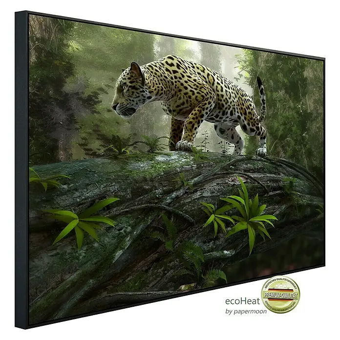 Papermoon Infrarot-Bildheizkörper Jaguar auf der Suche - 100 x 60 cm, 600 W - Das hochwertige Wandbild zeigt einen Jaguar auf einem Baumstamm im Dschungel, gerahmt und fertig zum Aufhängen.