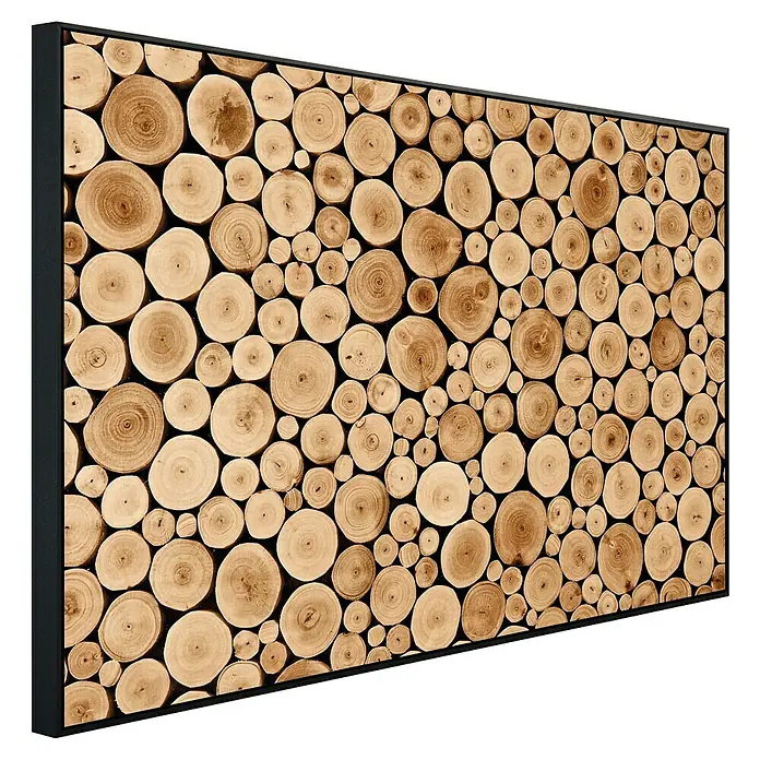 Papermoon Infrarot-Bildheizkörper Rundes Teakholz - 600 x 500 mm, 350 W - Wanddekoration mit Baumstammscheiben in einem schwarzen Rahmen. Ein dekoratives Holzpaneel für Ihr Zuhause.
