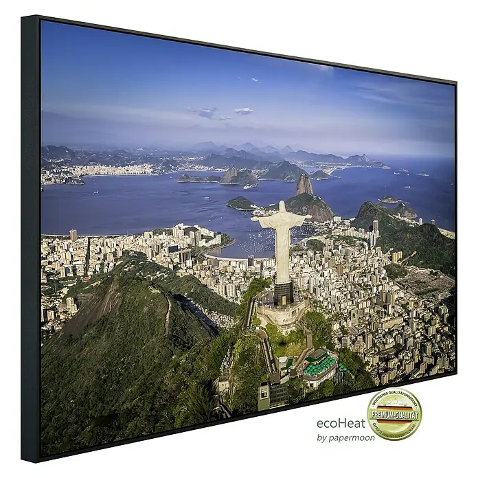 Papermoon Infrarot-Bildheizkörper Rio de Janeiro - 60 x 50 cm, 350 W - Ein gerahmtes Wandbild mit einer Ansicht von Rio de Janeiro und der Christusstatue, das durch seine Premium-Qualität und Detailgenauigkeit besticht.