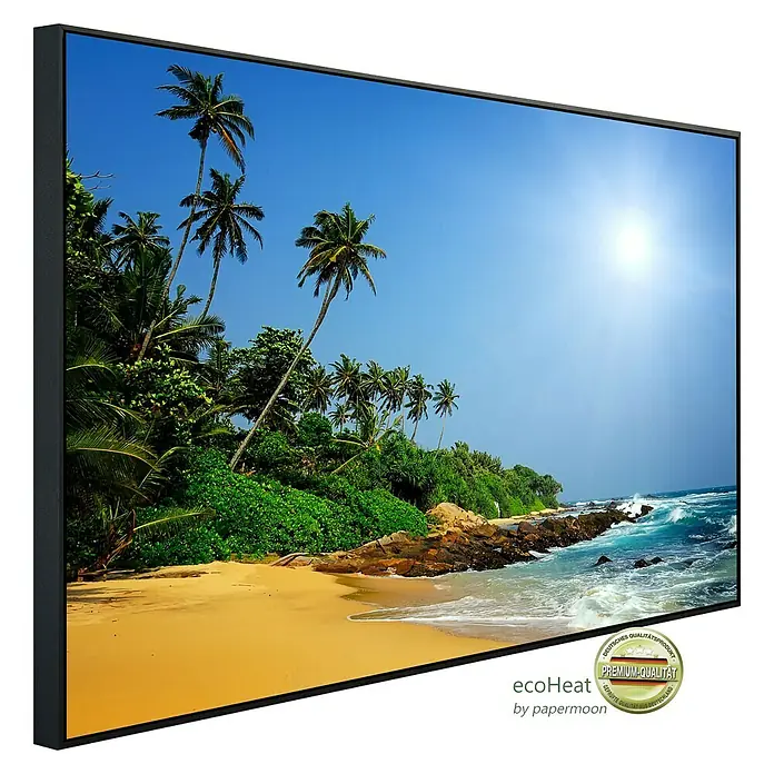 Papermoon Infrarot-Bildheizkörper Sri Lanka Tropischer Strand - 60 x 50 cm, 350 W - EcoHeat Heizpaneel mit einem sonnigen Strandmotiv.  Ein Qualitätsprodukt, das Wärme und Ästhetik vereint.