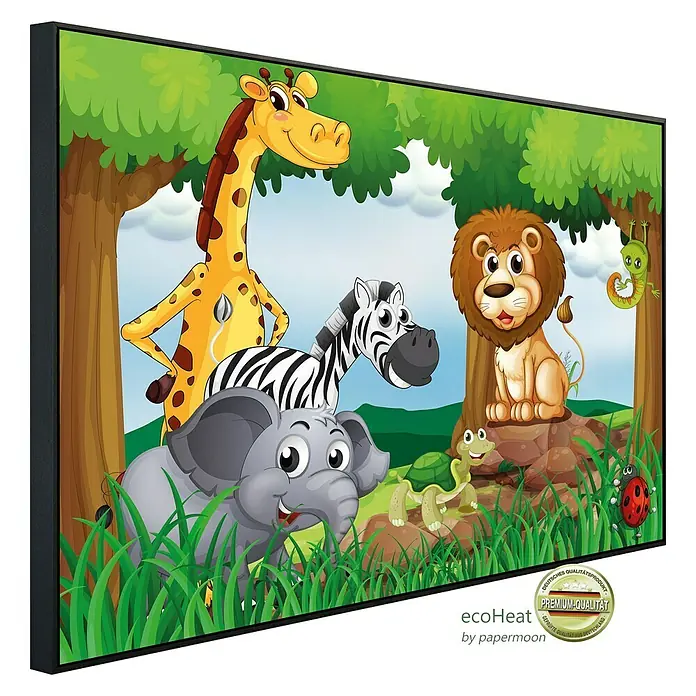 Papermoon Infrarot-Bildheizkörper Dschungeltiere 1 - 60 x 50 cm, 350 W - Die EcoHeat Heizung mit einem farbenfrohen Dschungel-Motiv. Ideal für Kinderzimmer, bietet Wärme und ist ein dekoratives Highlight mit Tierbildern.