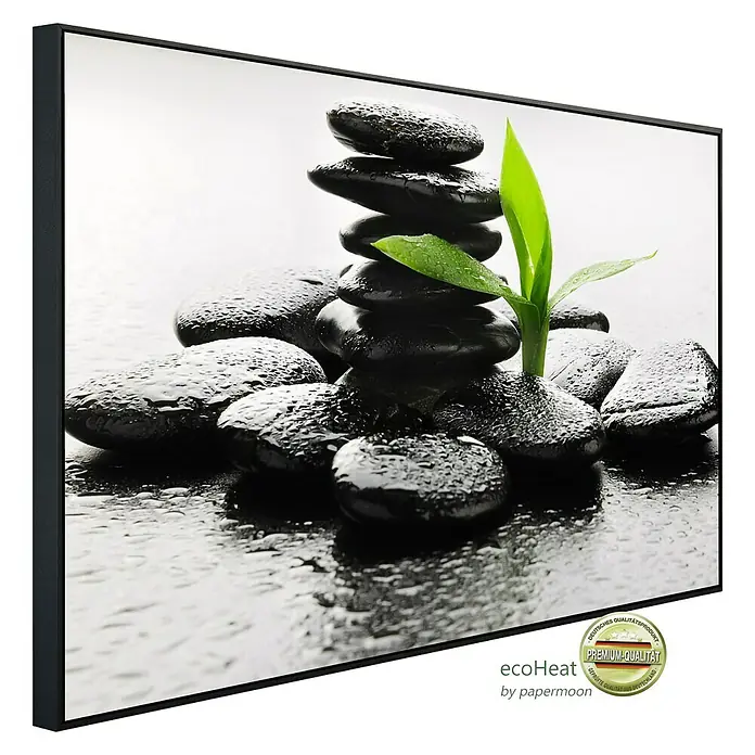 Papermoon Infrarot-Bildheizkörper Zen Steine mit Regen - 120 cm x 600 mm, 1.000 W - Das EcoHeat Infrarot-Heizpaneel mit einem beruhigenden Zen-Garten-Design, das Wärme und Ruhe in jeden Raum bringt.