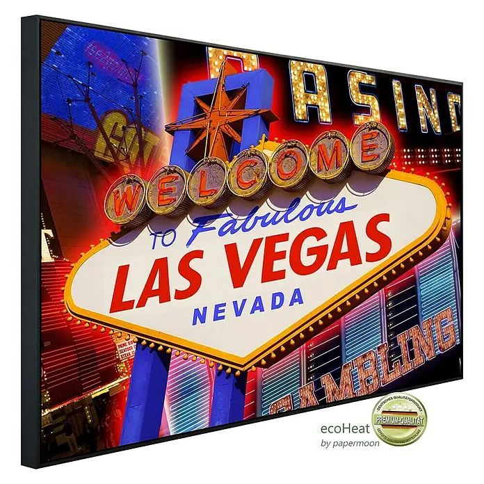 Papermoon Infrarot-Bildheizkörper Las Vegas - 60 x 50 cm, 350 W - Das Bild zeigt eine gerahmte Leinwand mit dem berühmten „Welcome to Las Vegas“-Schild, das ein Stück amerikanischer Kultur und Glamour verkörpert.