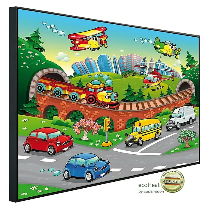 Papermoon Infrarot-Bildheizkörper Kinder Reisen - 100 cm x 600 mm, 800 W - Kinderzimmerbild mit bunten Fahrzeugen wie Zug, Flugzeug, Hubschrauber, Autos und Bus für eine fröhliche Atmosphäre.