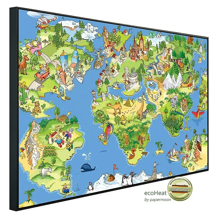 Papermoon Infrarot-Bildheizkörper Kinderweltkarte - 100 x 60 cm, 800 W - Eine farbenfrohe, gerahmte Weltkarte mit Illustrationen, die ideal für Kinderzimmer oder Klassenzimmer geeignet ist.