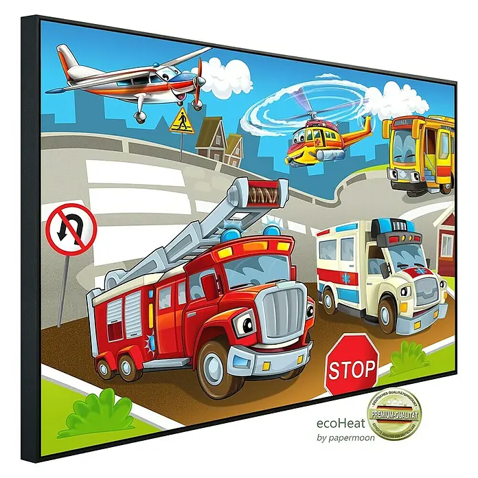 Papermoon Infrarot-Bildheizkörper Kinder Autos - 100 cm x 600 mm, 800 W - Das Bild zeigt eine farbenfrohe Cartoon-Szene mit verschiedenen Fahrzeugen wie einem Feuerwehrauto, einem Krankenwagen und einem Flugzeug.