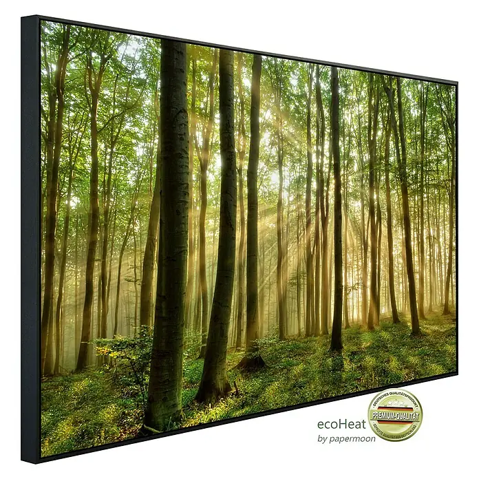 Papermoon Infrarot-Bildheizkörper Wald - 90 cm x 500 mm, 450 W - Ein gerahmtes Infrarot-Heizpaneel mit einem Waldmotiv. Hochwertiges Produkt für effiziente Wärme mit Naturdesign.