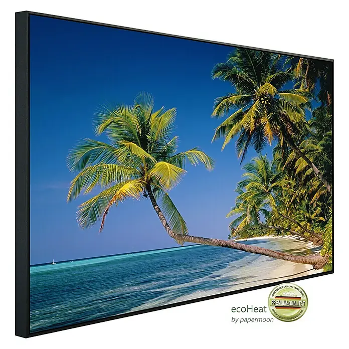 Papermoon Infrarot-Bildheizkörper Palmenstrand - 120 cm x 600 mm, 1.200 W - Das Bild zeigt ein modernes Infrarot-Heizpaneel mit einem tropischen Strandmotiv, das eine angenehme Wärme und ein entspannendes Ambiente verspricht.