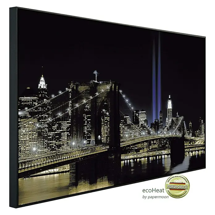 Papermoon Infrarot-Bildheizkörper New York bei Nacht - 60 x 50 cm, 350 W - Ein EcoHeat-Heizpaneel mit einem atemberaubenden Nachbild der Brooklyn Bridge bei Nacht, ein Premium-Qualitätsprodukt.