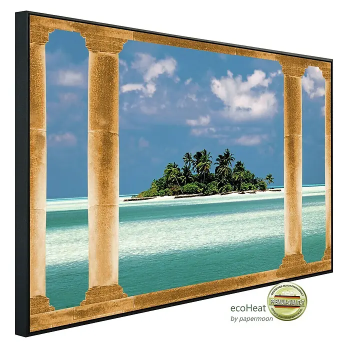 Papermoon Infrarot-Bildheizkörper Palmeninsel Malediven - 100 cm x 600 mm, 600 W - Das Bild zeigt eine EcoHeat Infrarotheizung mit einem idyllischen Inselmotiv, gerahmt von Säulen.