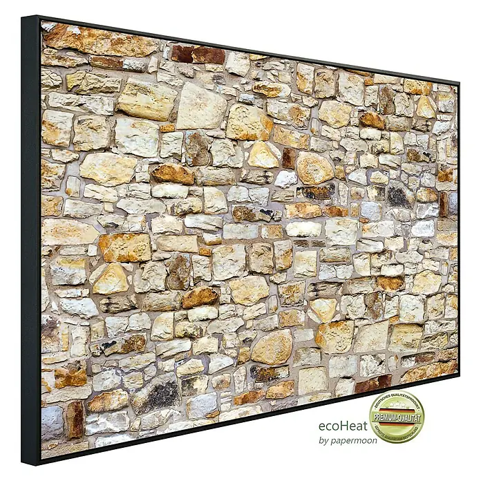 Papermoon Infrarot-Bildheizkörper Die Mauer 2 - 120 x 60 cm, 1.000 W - Das Bild zeigt ein gerahmtes Wandpaneel mit Steinmuster, das eine rustikale und natürliche Ästhetik in jeden Raum bringt.
