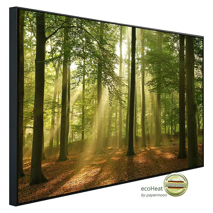 Papermoon Infrarot-Bildheizkörper Wald am Morgen - 100 x 60 cm, 600 W - Das hochwertige EcoHeat Infrarot-Heizpaneel mit Waldmotiv sorgt für angenehme Wärme und eine entspannte Atmosphäre in jedem Raum.