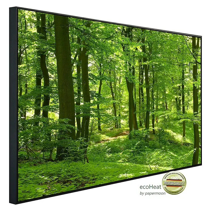 Papermoon Infrarot-Bildheizkörper Wald im Frühling - 100 cm x 600 mm, 600 W - Das Bild zeigt einen EcoHeat Infrarotheizkörper mit einem Waldmotiv, das die hochwertige Qualität und das natürliche Design des Produkts hervorhebt.