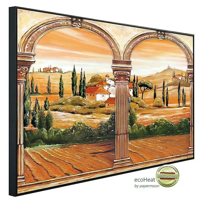 Papermoon Infrarot-Bildheizkörper Toskana - 60 cm x 500 mm, 350 W - Wandbild mit toskanischer Landschaft, gerahmt in Schwarz. Ein dekoratives Kunstwerk für Ihr Zuhause.