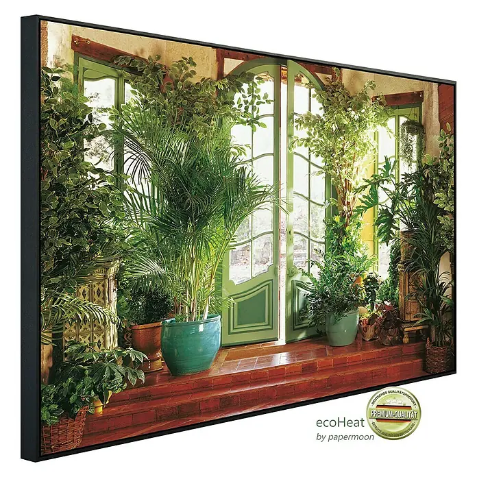 Papermoon Infrarot-Bildheizkörper Larit Jardin - 100 x 60 cm, 800 W - Hochwertiger Kunstdruck mit Pflanzenmotiv und grünen Elementen, ideal für eine stilvolle Wanddekoration im Innenbereich.