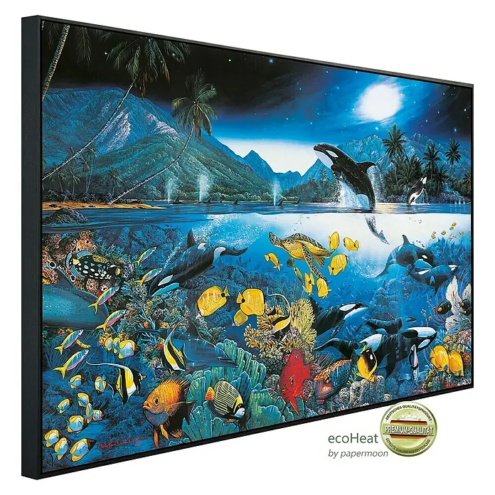 Papermoon Infrarot-Bildheizkörper Harmonie - 100 x 60 cm, 800 W - Das Bild zeigt eine Wanddekoration mit einem farbenfrohen Unterwassermotiv und Walen, die aus dem Wasser springen, umrahmt von einer dunklen Einfassung.