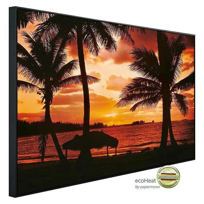 Papermoon Infrarot-Bildheizkörper Palm Beach in der Abenddämmerung - 120 x 60 cm, 1.200 W - Wandbild mit tropischem Sonnenuntergang und Palmen, eingefasst in einem eleganten schwarzen Rahmen, eine exotische Wärme für Ihr Zuhause.