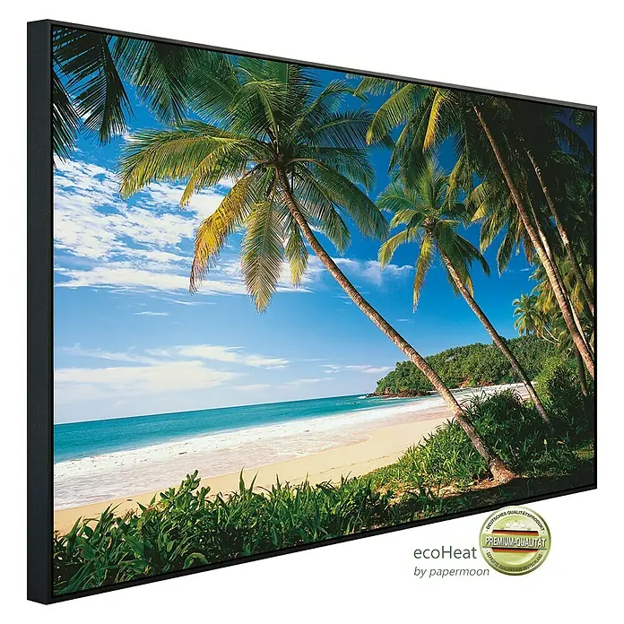 Papermoon Infrarot-Bildheizkörper Palmenstrand 2 - 90 x 50 cm, 450 W - Nahaufnahme eines Ecoheat Infrarot-Heizpaneels mit einem malerischen tropischen Strandmotiv, das Wärme und Urlaubsflair vereint.