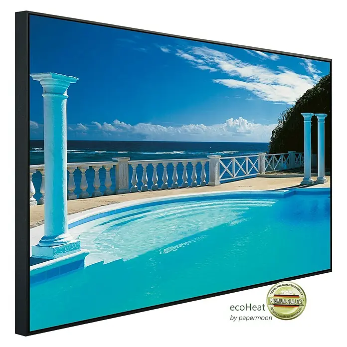 Papermoon Infrarot-Bildheizkörper Blick auf den Pool - 1.200 x 600 mm, 1.200 W - Das EcoHeat-Heizpaneel mit Poolmotiv sorgt für angenehme Wärme und Urlaubsstimmung im Raum. Hochwertige Qualität für Ihr Zuhause.