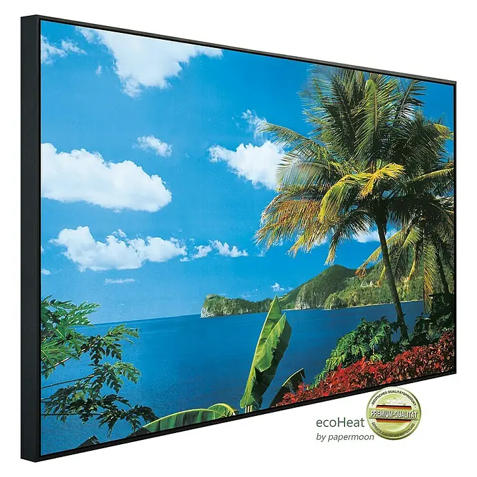 Papermoon Infrarot-Bildheizkörper St. Lucia - 120 x 60 cm, 1.000 W - EcoHeat Bildheizung mit einem Motiv von einer tropischen Insel mit blauem Himmel und Palmen, für angenehme Wärme und stilvolles Design.