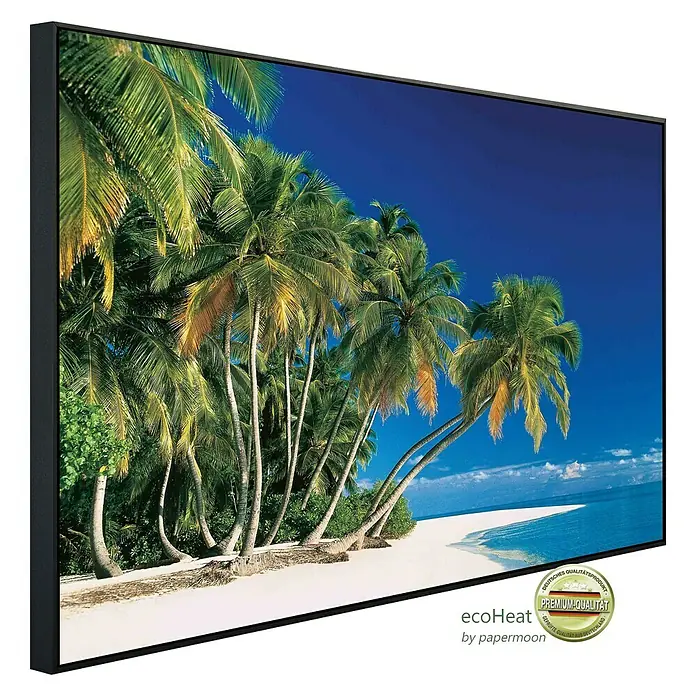 Papermoon Infrarot-Bildheizkörper Tropische Palmen - 60 x 50 cm, 350 W - EcoHeat Infrarotheizung mit tropischem Strandmotiv. Hochwertige Infrarotheizung mit beruhigendem Palmenstrandbild für angenehme Wärme.