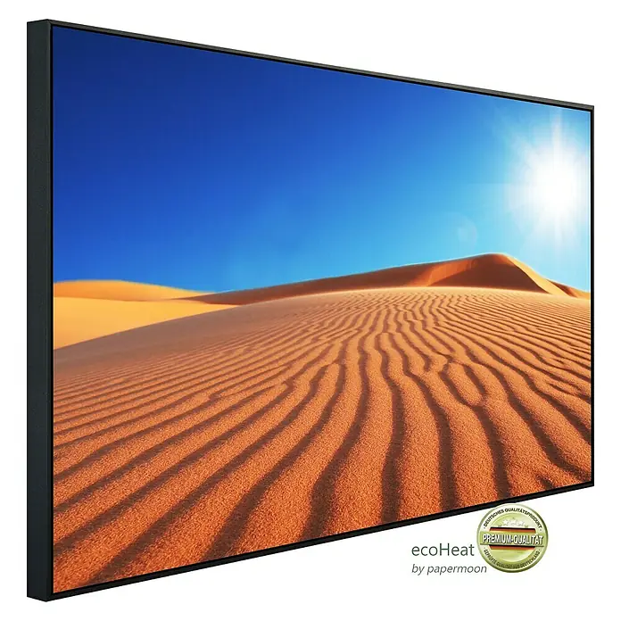 Papermoon Infrarot-Bildheizkörper Wüsten Düne - 120 x 60 cm, 1.000 W - Nahaufnahme einer EcoHeat-Infrarotheizung mit Wüstenmotiv, die Wärme und Stil vereint. Das schlanke Design fügt sich nahtlos in jeden Raum ein.
