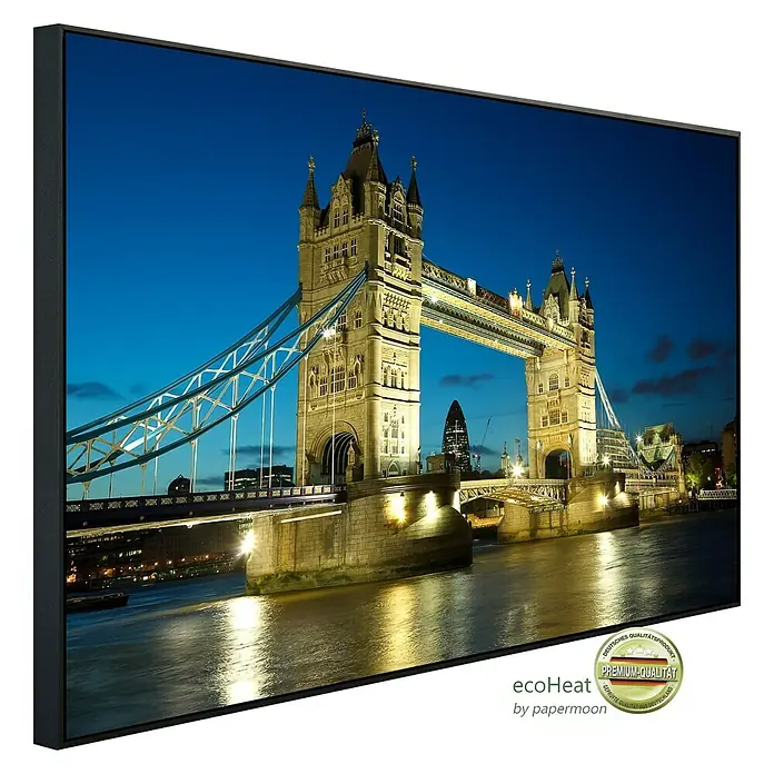 Papermoon Infrarot-Bildheizkörper Tower Bridge - 100 x 60 cm, 800 W - Bild eines EcoHeat-Heizkörpers mit dem Motiv der Tower Bridge bei Nacht, gerahmt und in hochwertiger Ausführung.