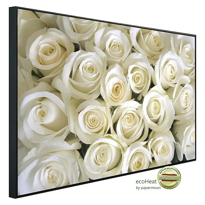 Papermoon Infrarot-Bildheizkörper Weiße Rosen - 100 cm x 600 mm, 800 W - Edles Wandbild mit weißen Rosen. Die Leinwand zeigt eine Nahaufnahme der Blumen, gerahmt in schlichtem Schwarz für moderne Eleganz.